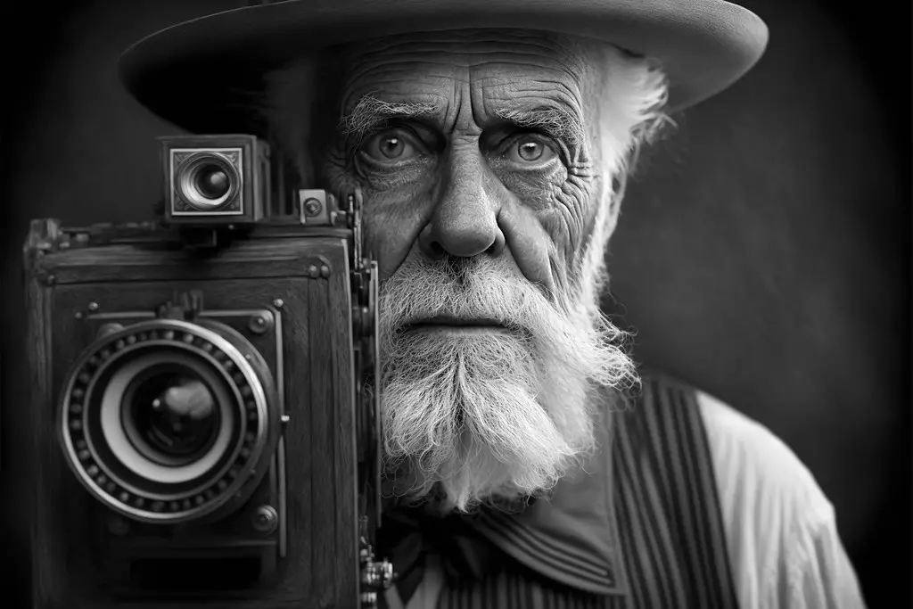 Prompt used: black and white photograph old man with antique large format camera