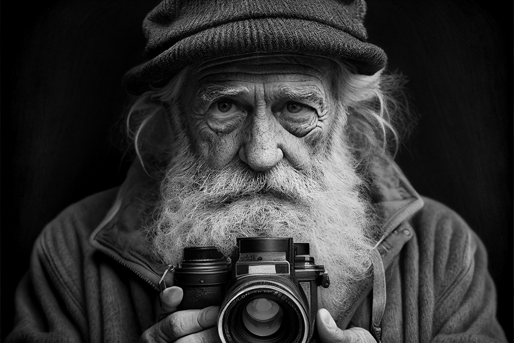 Prompt used: black and white photograph old man with antique large format camera